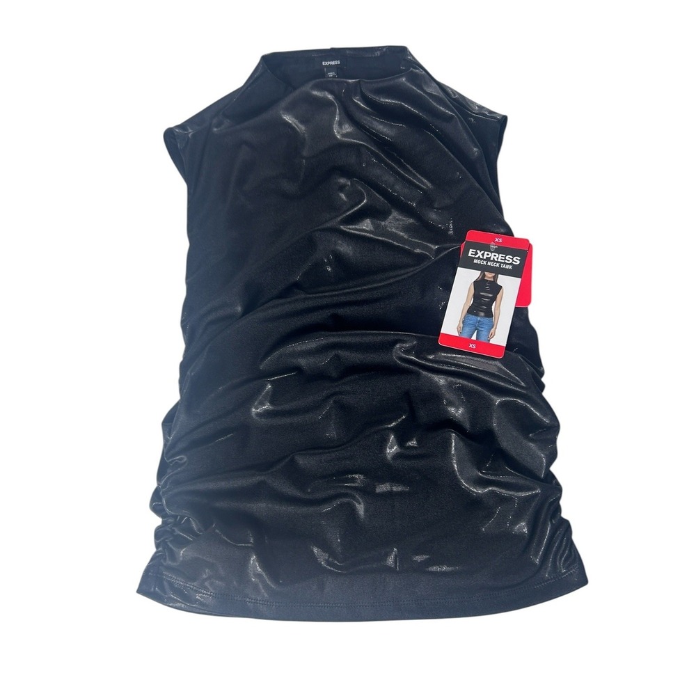Express Mock Neck Tank Top Womens XS Black Metallic Ruched Faux Leather NEW - Picture 3 of 12